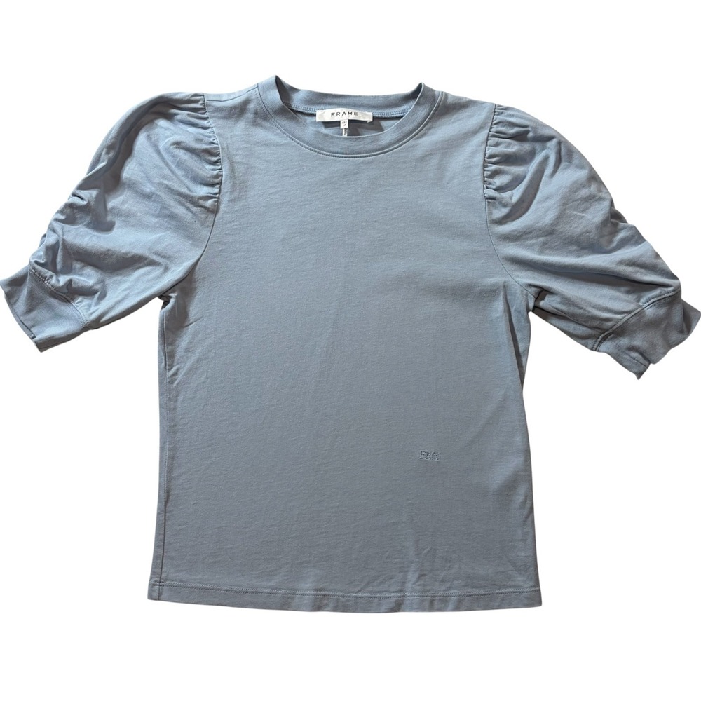 FRAME Frankie Puff Sleeve Tee Blue Gray Cotton Top XS - Picture 2 of 9